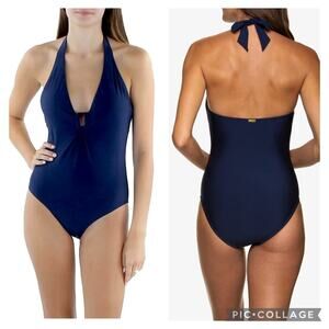 EUC HELEN JON Plunge Tortoise Accent One Piece Halter Women's Sz‎ XL